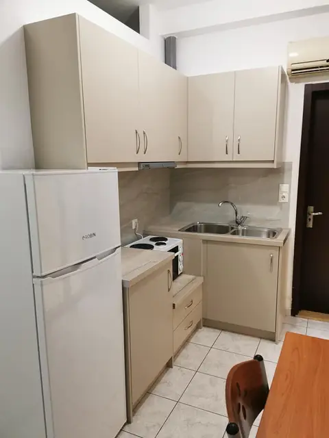 The ground-floor one-bedroom: the kitchen and the fridge