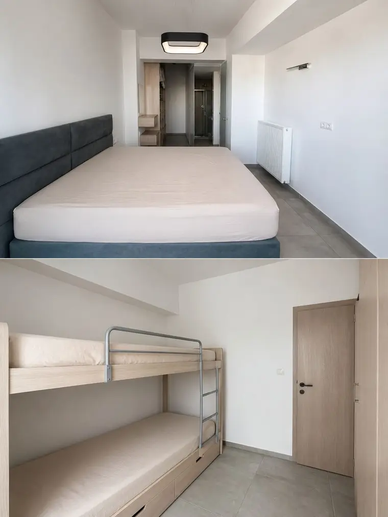 The renovated three-bedroom: a double bed in one bedroom, a bunk bed in another