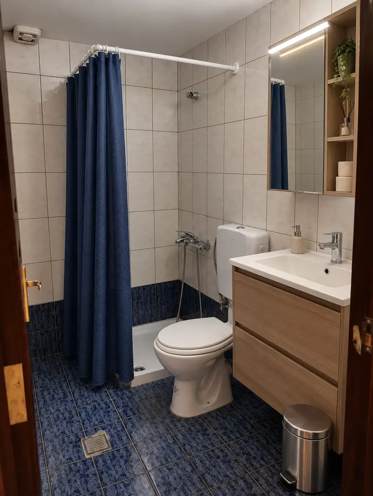 The backyard studio: the bathroom, with a shower and a vanity unit